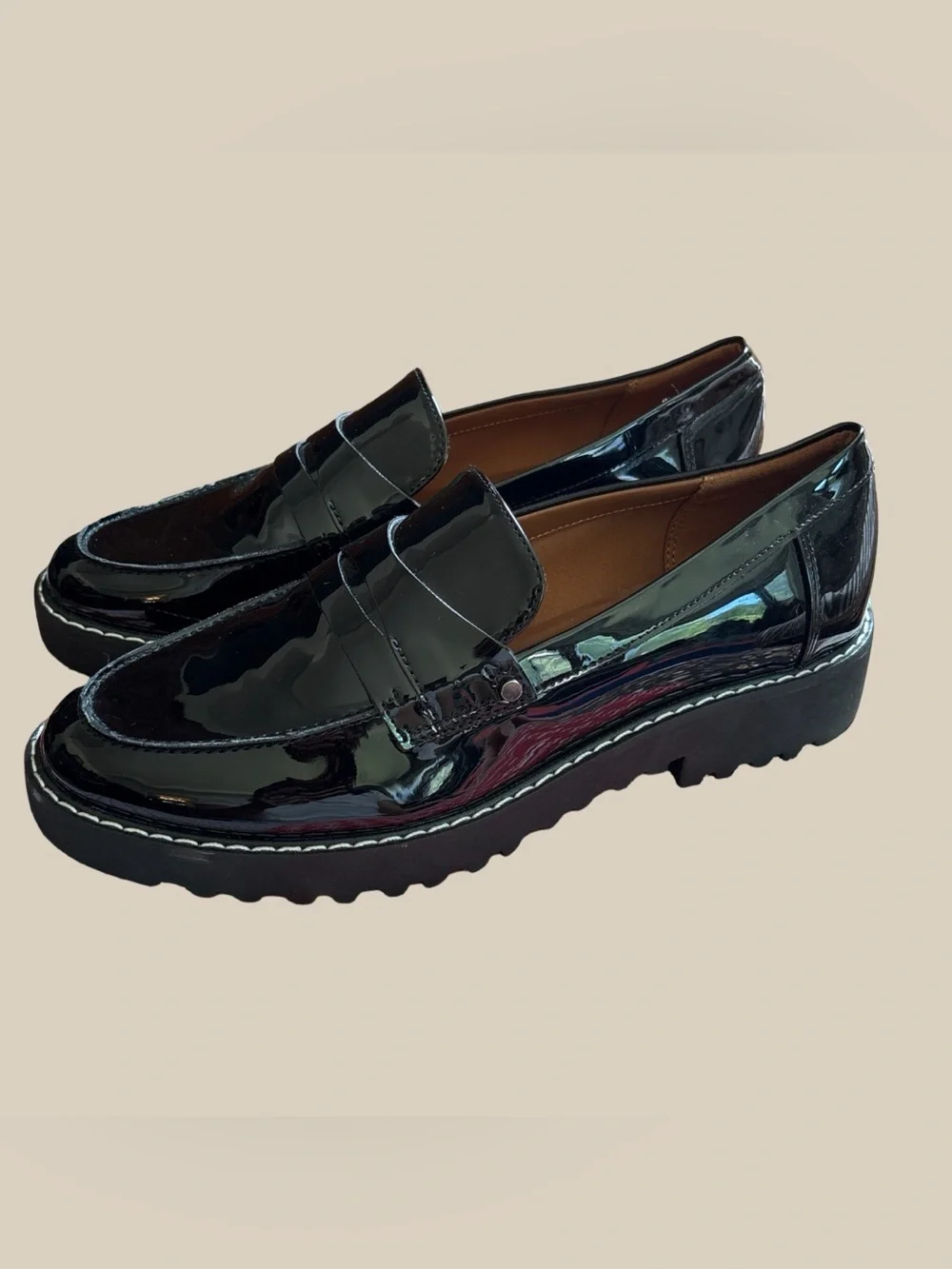 Franco Sarto Cassandra Black Patent Penny Loafers Chunky Platform NWOB SZ 6.5